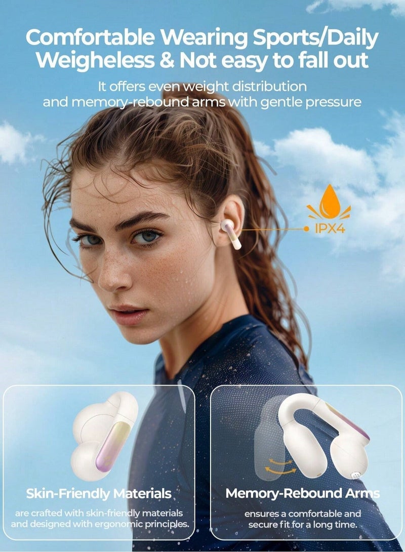 هافيت سماعات أذن لاسلكية TWS مفتوحة ومكبّسة مع تصميم مشبك – سماعات بلوتوث V5.3 مع ميكروفون مزدوج، إلغاء ضوضاء ذكي للمكالمات، صوت ستيريو عالي الجودة HiFi، تصميم مريح، مقاومة للماء والعرق بتصنيف IPX4، عمر بطارية طويل 23 ساعة مع علبة الشحن، شحن سريع بمنفذ تايب سي، تحكم ذكي باللمس، مكالمات بدون استخدام اليدين للركض وصالة الألعاب والعمل، سماعة بلوتوث محمولة، لون بيج - Image 4